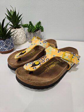 Papillio by Birkenstock - Whimsical Yellow & Floral Leather Gizeh Style Sandals